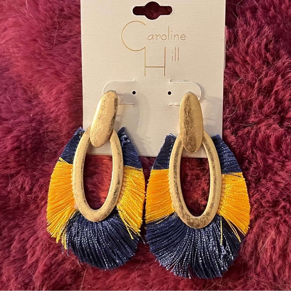 Caroline Hill Yellow and Navy Blue Fringe Gameday Earrings - NWT